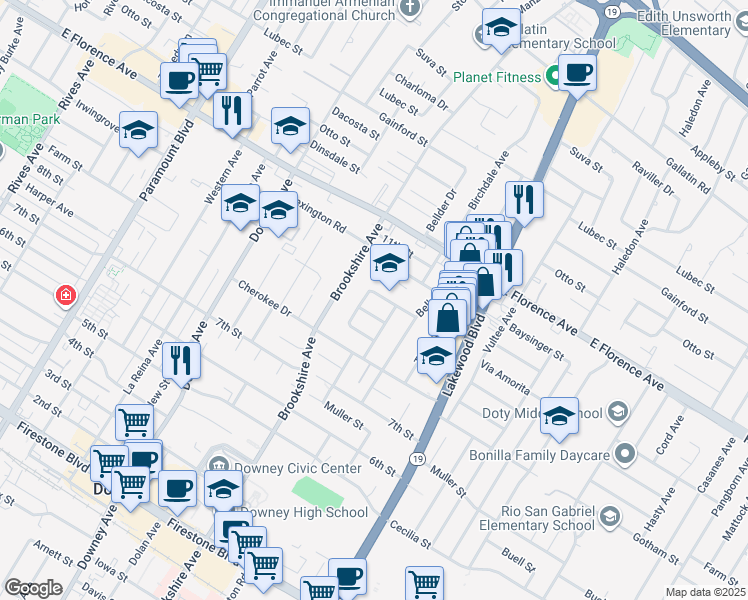 map of restaurants, bars, coffee shops, grocery stores, and more near 10357 Birchdale Avenue in Downey