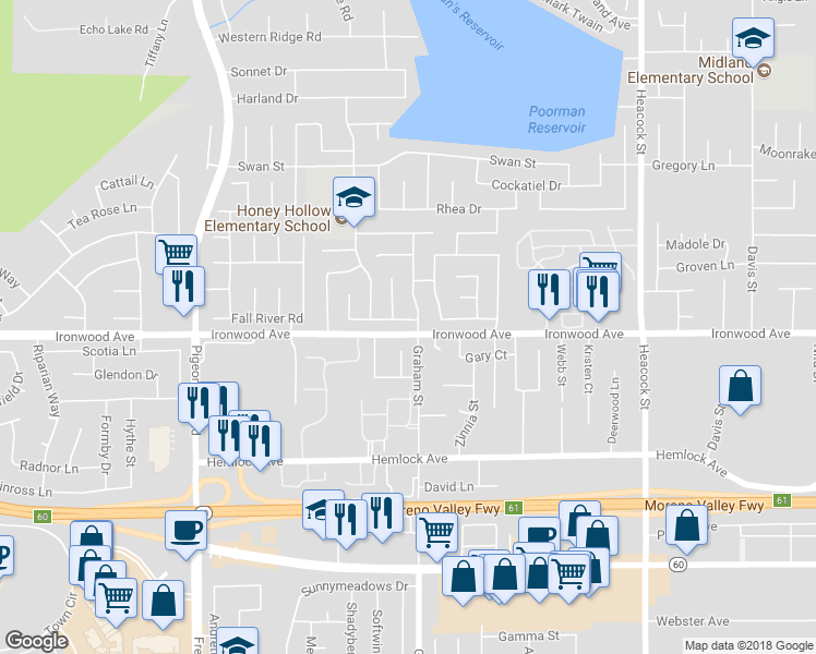 map of restaurants, bars, coffee shops, grocery stores, and more near 23479 Seafarer Way in Moreno Valley