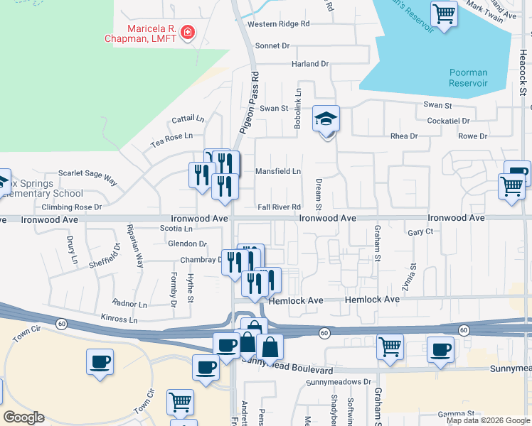 map of restaurants, bars, coffee shops, grocery stores, and more near 23117 Fall River Road in Moreno Valley