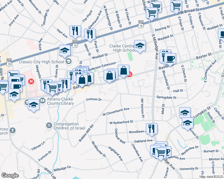 map of restaurants, bars, coffee shops, grocery stores, and more near 414 Springdale Street in Athens