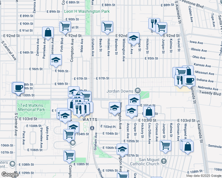 map of restaurants, bars, coffee shops, grocery stores, and more near 9902 Holmes Avenue in Los Angeles