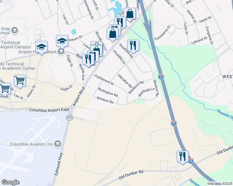 map of restaurants, bars, coffee shops, grocery stores, and more near 2020 Wellington Road in Cayce