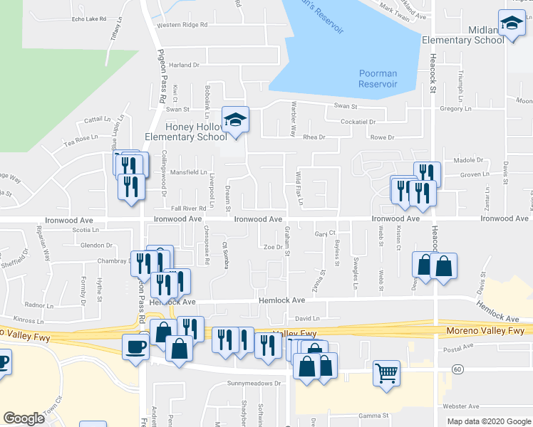 map of restaurants, bars, coffee shops, grocery stores, and more near 23425 Seafarer Way in Moreno Valley