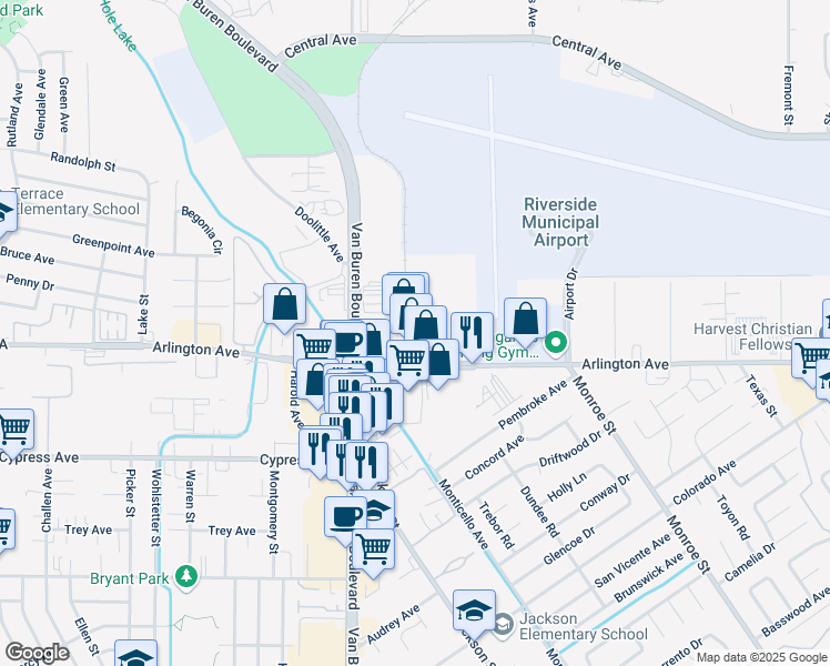 map of restaurants, bars, coffee shops, grocery stores, and more near 7201 Arlington Avenue in Riverside