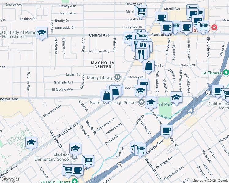 map of restaurants, bars, coffee shops, grocery stores, and more near 6979 Palm Court in Riverside