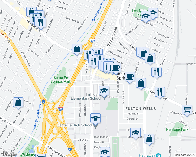 map of restaurants, bars, coffee shops, grocery stores, and more near 11536 Promenade Drive in Santa Fe Springs