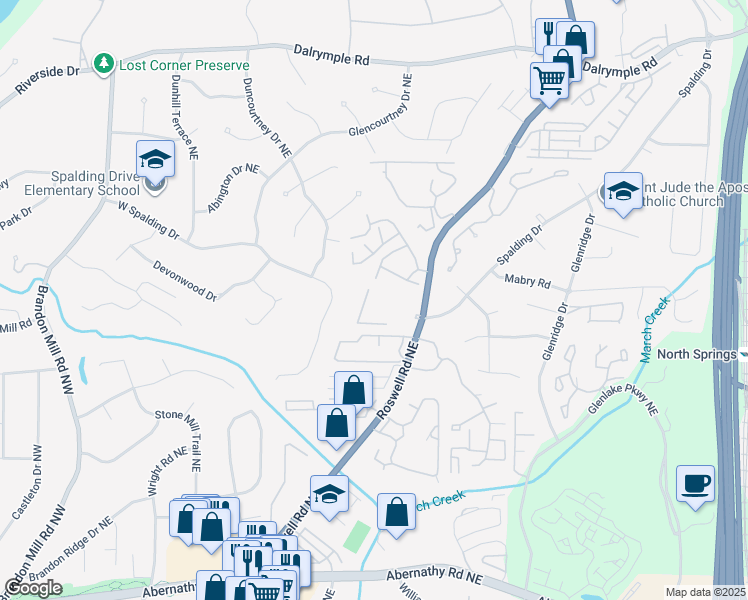 map of restaurants, bars, coffee shops, grocery stores, and more near 7000 Roswell Road Northeast in Sandy Springs