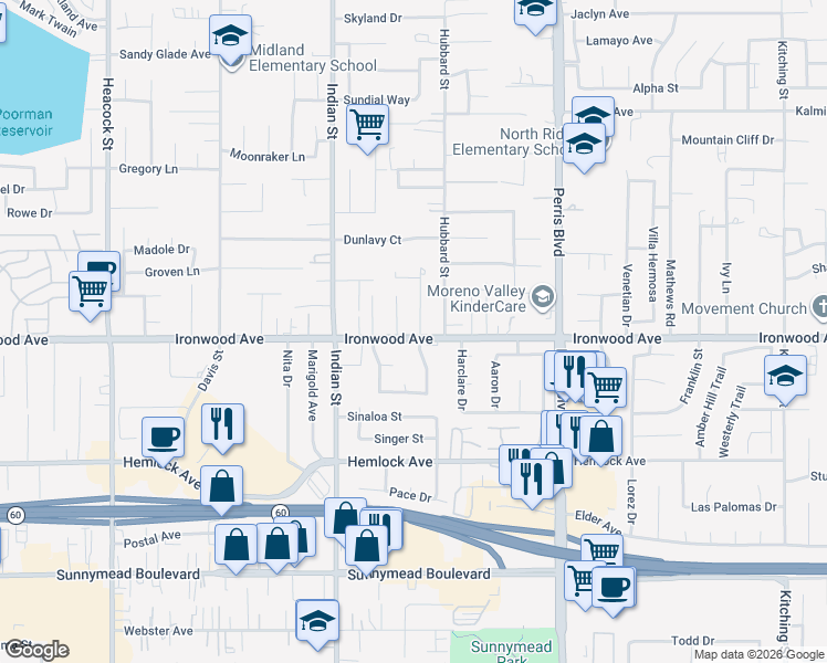 map of restaurants, bars, coffee shops, grocery stores, and more near 11984 Welby Place in Moreno Valley