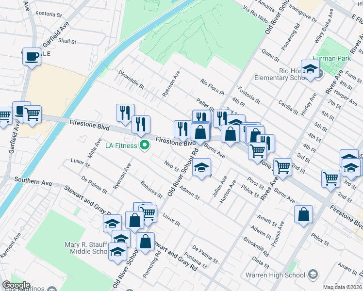 map of restaurants, bars, coffee shops, grocery stores, and more near 7320 Firestone Boulevard in Downey