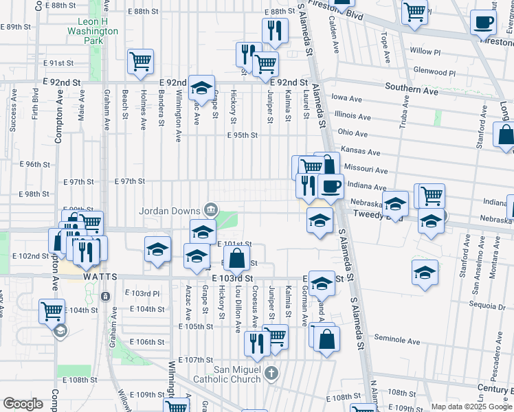 map of restaurants, bars, coffee shops, grocery stores, and more near 2186 East Century Boulevard in Los Angeles