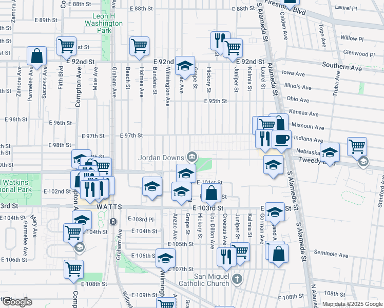 map of restaurants, bars, coffee shops, grocery stores, and more near 9900 Grape Street in Los Angeles