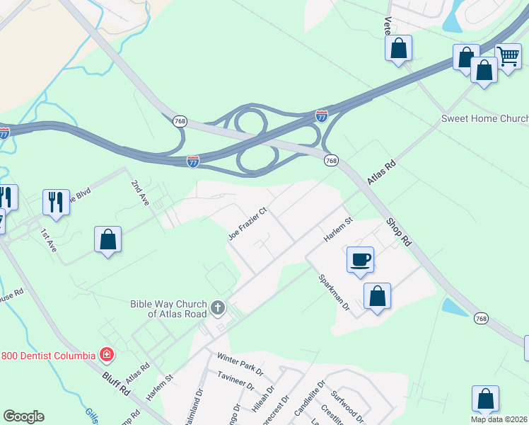 map of restaurants, bars, coffee shops, grocery stores, and more near 2112 Joe Frazier Court in Columbia
