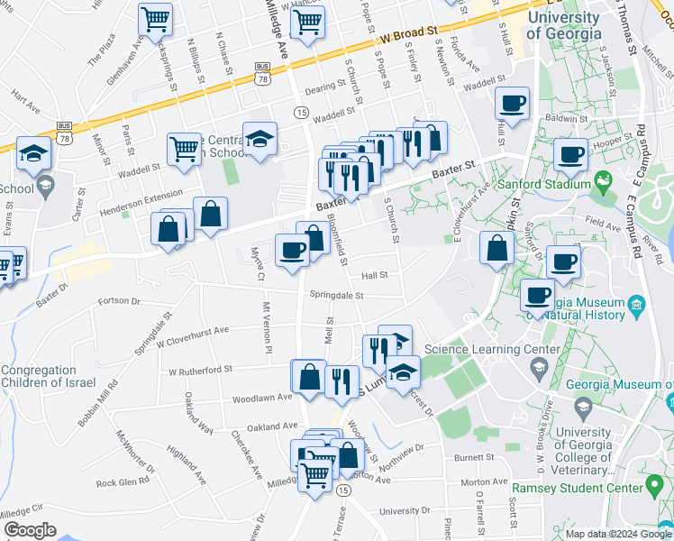 map of restaurants, bars, coffee shops, grocery stores, and more near 140 Springdale Street in Athens