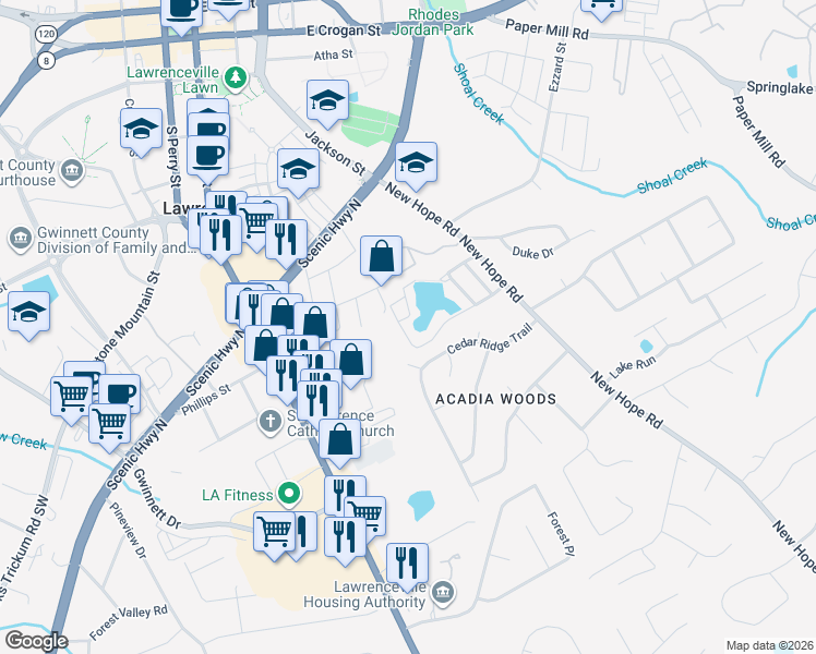 map of restaurants, bars, coffee shops, grocery stores, and more near 150 Applewood Drive in Lawrenceville