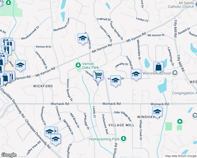 map of restaurants, bars, coffee shops, grocery stores, and more near 5023 Vernon Oaks Drive in Dunwoody