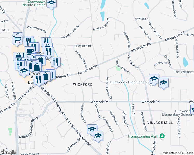 map of restaurants, bars, coffee shops, grocery stores, and more near 1671 Cedarhurst Drive in Dunwoody
