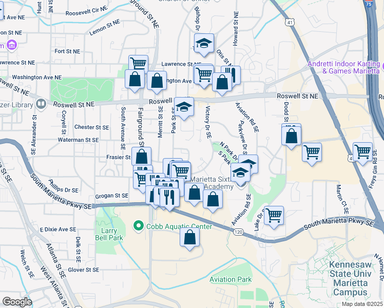 map of restaurants, bars, coffee shops, grocery stores, and more near 734 Frasier Circle Southeast in Marietta