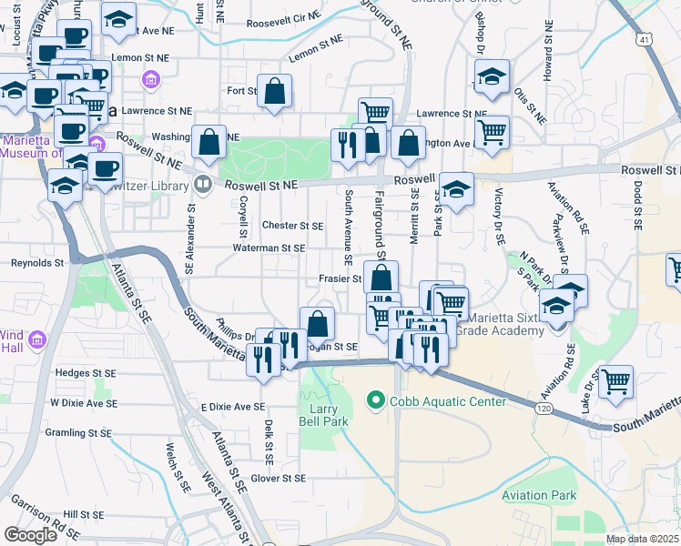 map of restaurants, bars, coffee shops, grocery stores, and more near 212 South Avenue Southeast in Marietta