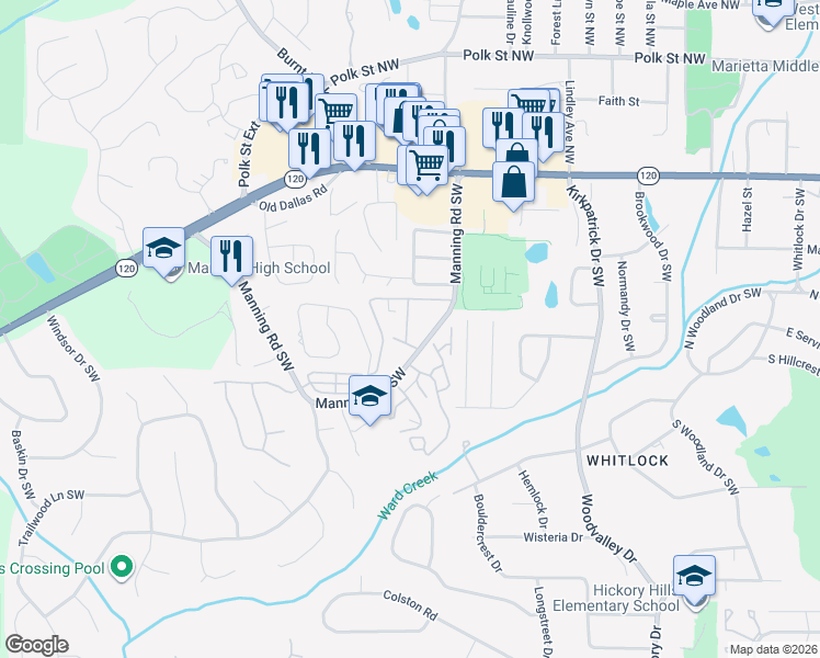 map of restaurants, bars, coffee shops, grocery stores, and more near 260 Manning Road Southwest in Marietta