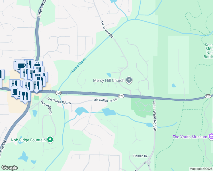 map of restaurants, bars, coffee shops, grocery stores, and more near 288 Mount Calvary Road in Marietta
