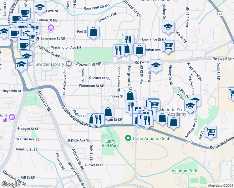 map of restaurants, bars, coffee shops, grocery stores, and more near 212 South Avenue Southeast in Marietta