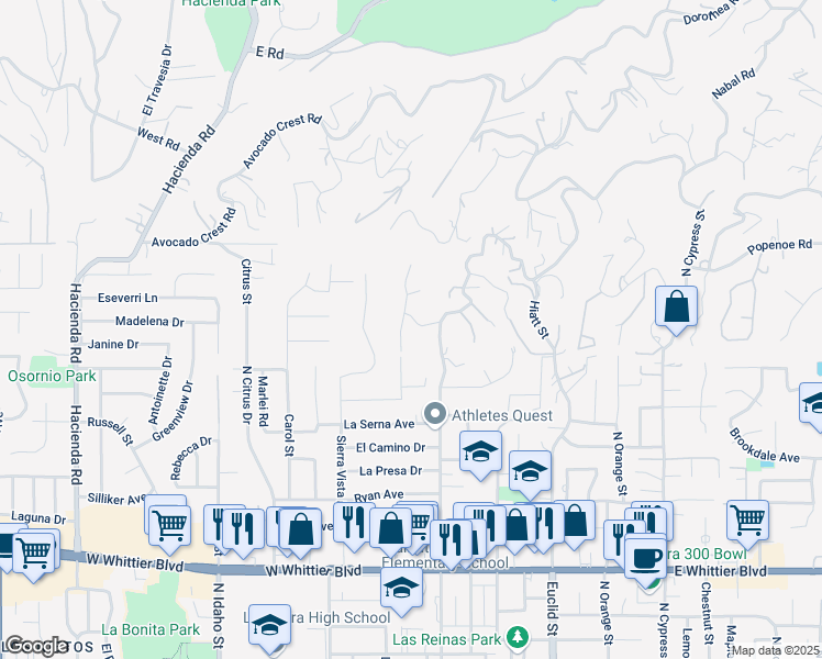 map of restaurants, bars, coffee shops, grocery stores, and more near 1246 El Paseo in La Habra Heights