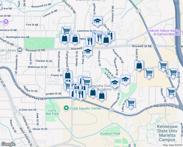 map of restaurants, bars, coffee shops, grocery stores, and more near 734 Frasier Circle Southeast in Marietta