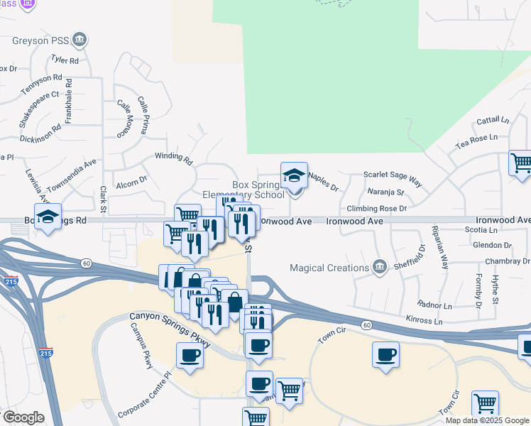map of restaurants, bars, coffee shops, grocery stores, and more near 22061 Monico Drive in Moreno Valley