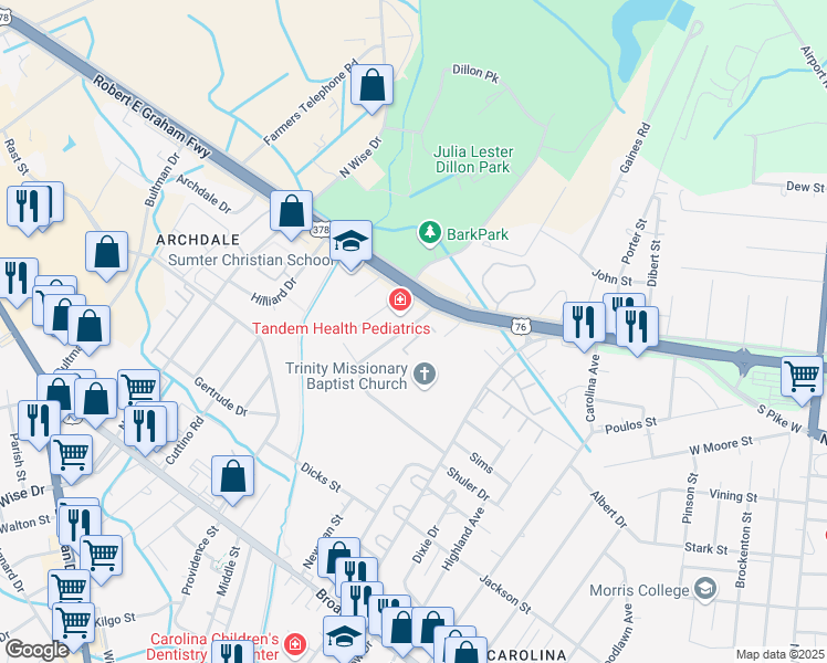 map of restaurants, bars, coffee shops, grocery stores, and more near Wolfpack Drive in Sumter