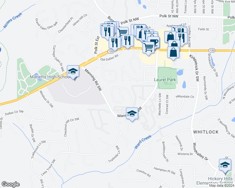 map of restaurants, bars, coffee shops, grocery stores, and more near 78 Kimberly Way Southwest in Marietta