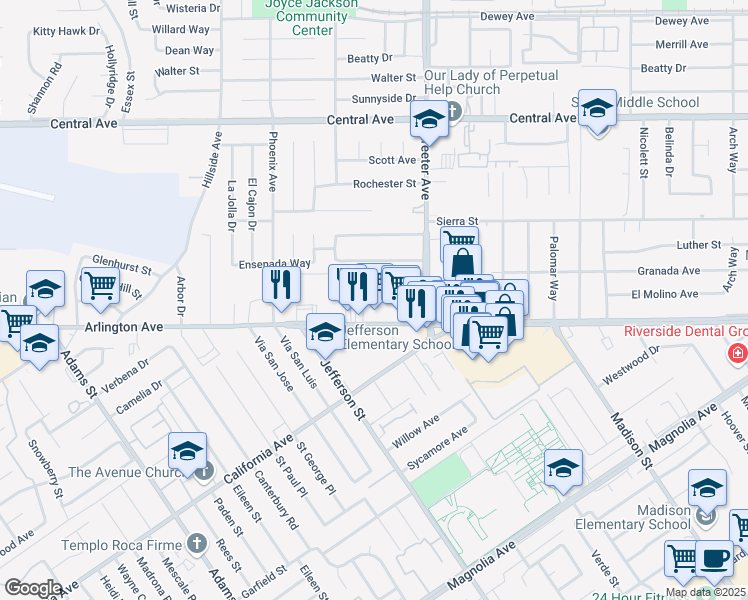 map of restaurants, bars, coffee shops, grocery stores, and more near 6955 Del Rosa Place in Riverside