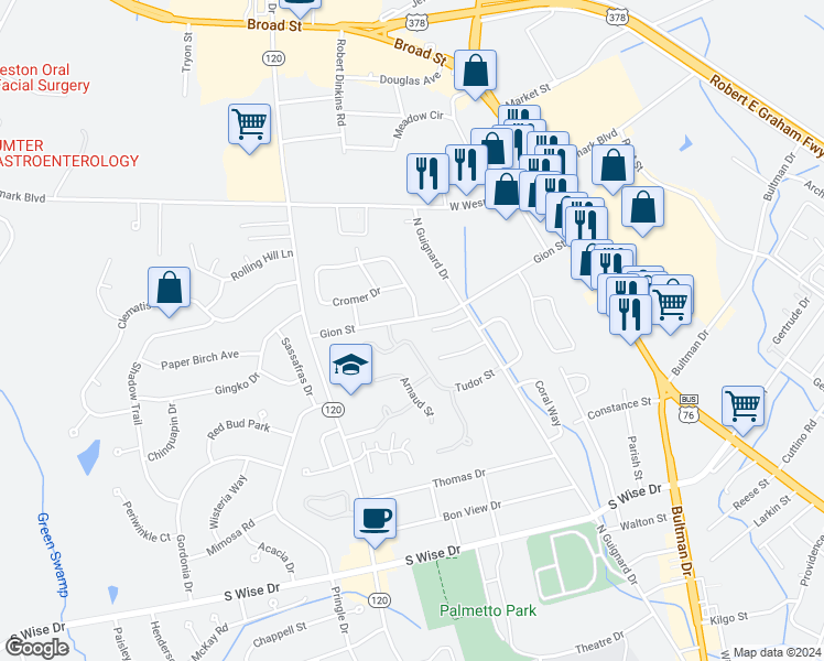 map of restaurants, bars, coffee shops, grocery stores, and more near 2165 Tudor Street in Sumter