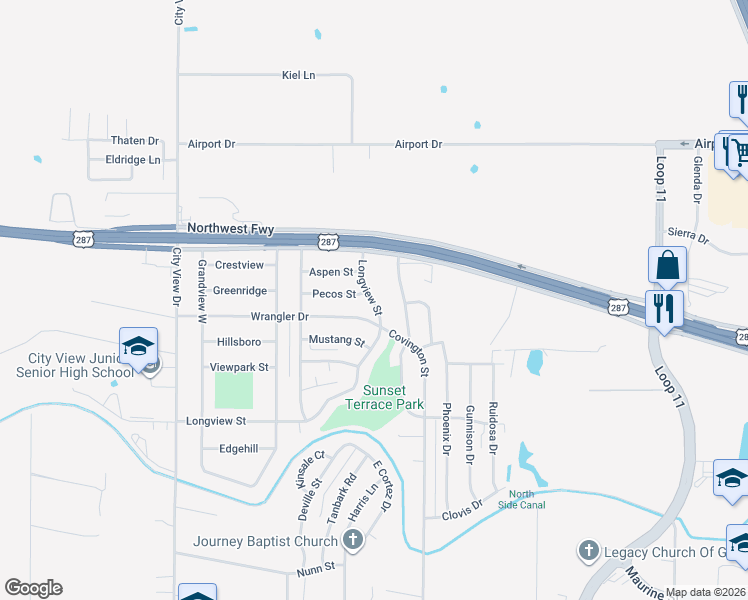 map of restaurants, bars, coffee shops, grocery stores, and more near 1711 Longview Street in Wichita Falls