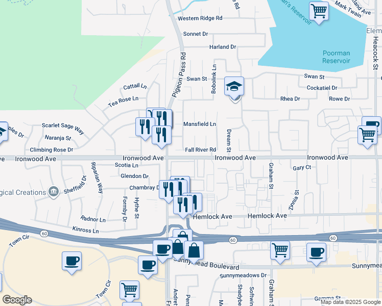map of restaurants, bars, coffee shops, grocery stores, and more near 12080 Pigeon Pass Road in Moreno Valley