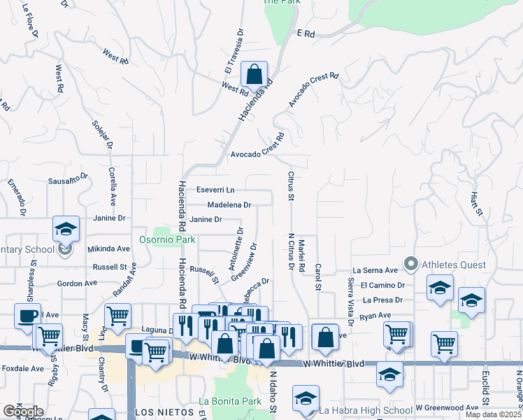 map of restaurants, bars, coffee shops, grocery stores, and more near 1230 Sunbird Avenue in La Habra Heights