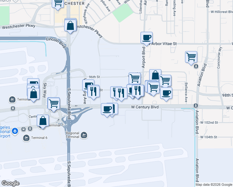 map of restaurants, bars, coffee shops, grocery stores, and more near 6053 West Century Boulevard in Los Angeles