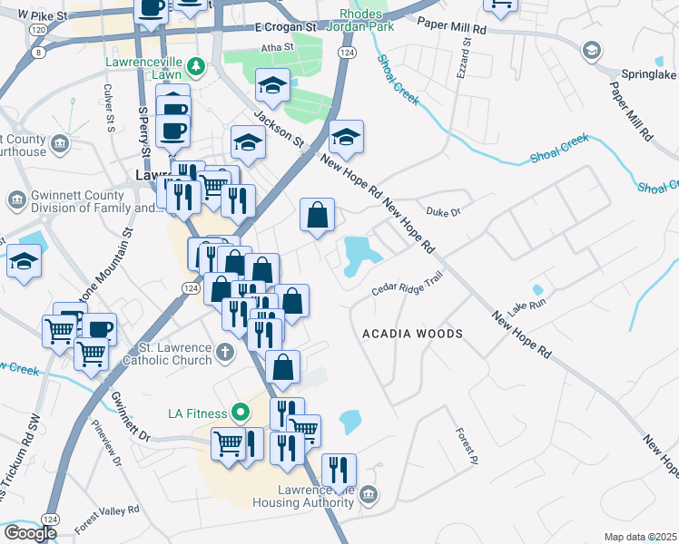 map of restaurants, bars, coffee shops, grocery stores, and more near 150 Applewood Drive in Lawrenceville