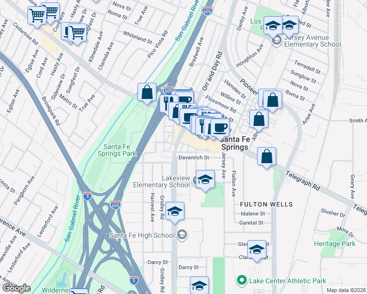 map of restaurants, bars, coffee shops, grocery stores, and more near 11526 Promenade Drive in Santa Fe Springs
