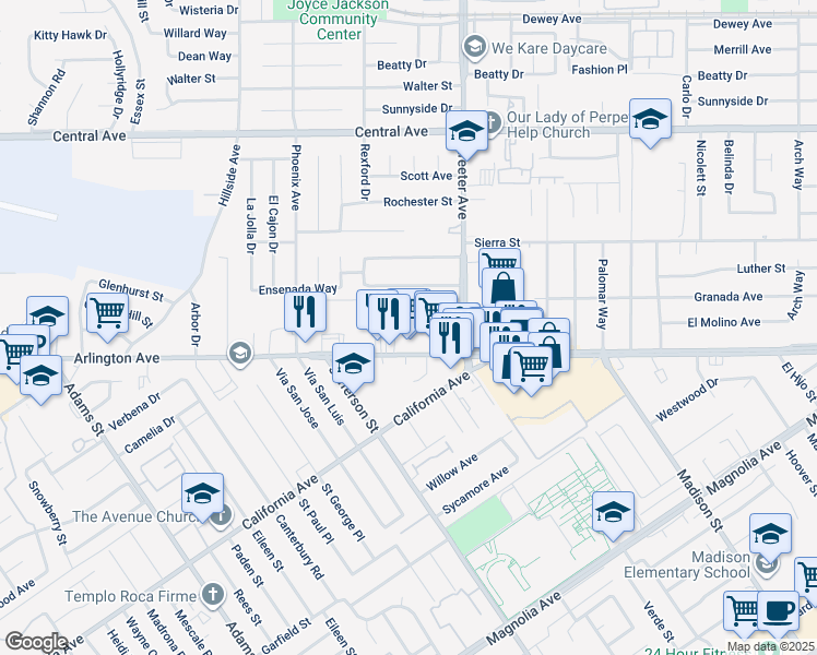 map of restaurants, bars, coffee shops, grocery stores, and more near 6955 Del Rosa Place in Riverside