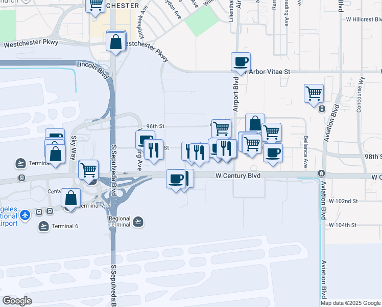 map of restaurants, bars, coffee shops, grocery stores, and more near 6053 West Century Boulevard in Los Angeles