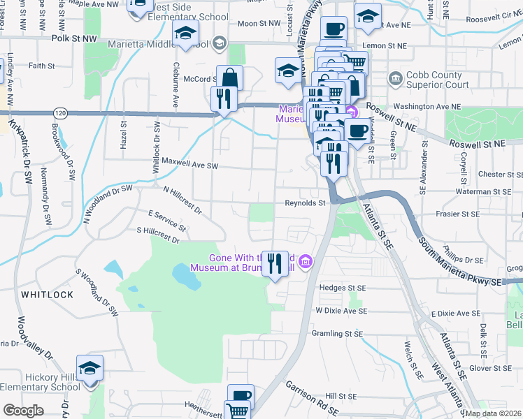 map of restaurants, bars, coffee shops, grocery stores, and more near 81 Reynolds Street in Marietta