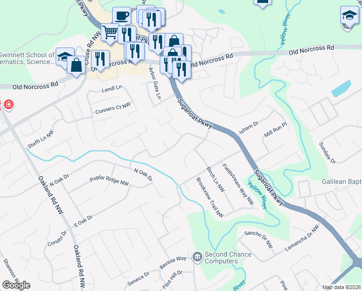 map of restaurants, bars, coffee shops, grocery stores, and more near 1754 Oak Ridge Way Northwest in Lawrenceville