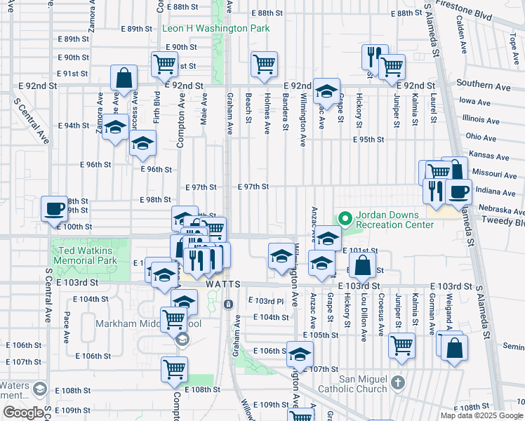 map of restaurants, bars, coffee shops, grocery stores, and more near 9815 Holmes Avenue in Los Angeles