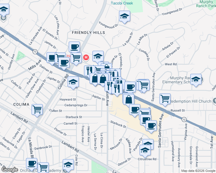 map of restaurants, bars, coffee shops, grocery stores, and more near Whittier Boulevard & Scott Avenue in Whittier