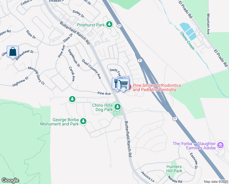 map of restaurants, bars, coffee shops, grocery stores, and more near Pine Ave & Butterfield Ranch Rd in Chino Hills