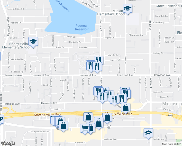map of restaurants, bars, coffee shops, grocery stores, and more near 23900 Ironwood Avenue in Moreno Valley