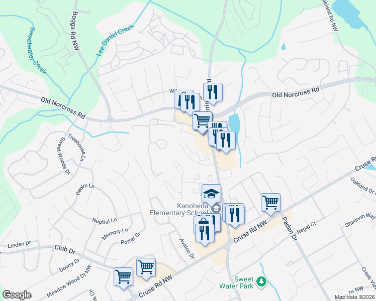 map of restaurants, bars, coffee shops, grocery stores, and more near 2693 Waverly Hills Drive in Lawrenceville