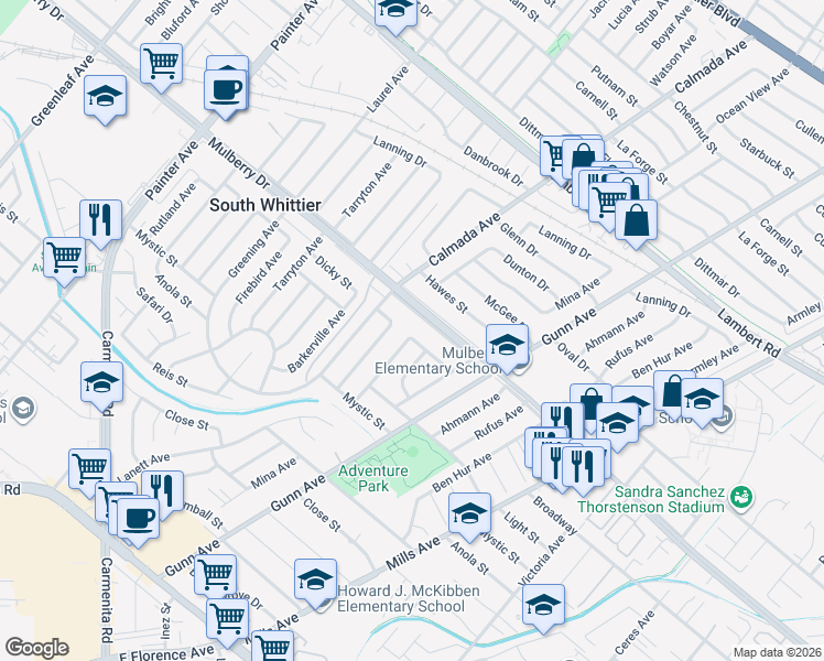 map of restaurants, bars, coffee shops, grocery stores, and more near 13901 Dicky Street in Whittier