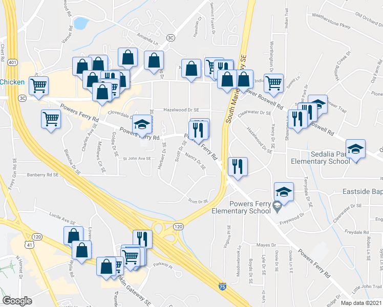 map of restaurants, bars, coffee shops, grocery stores, and more near 173 Nancy Drive Southeast in Marietta