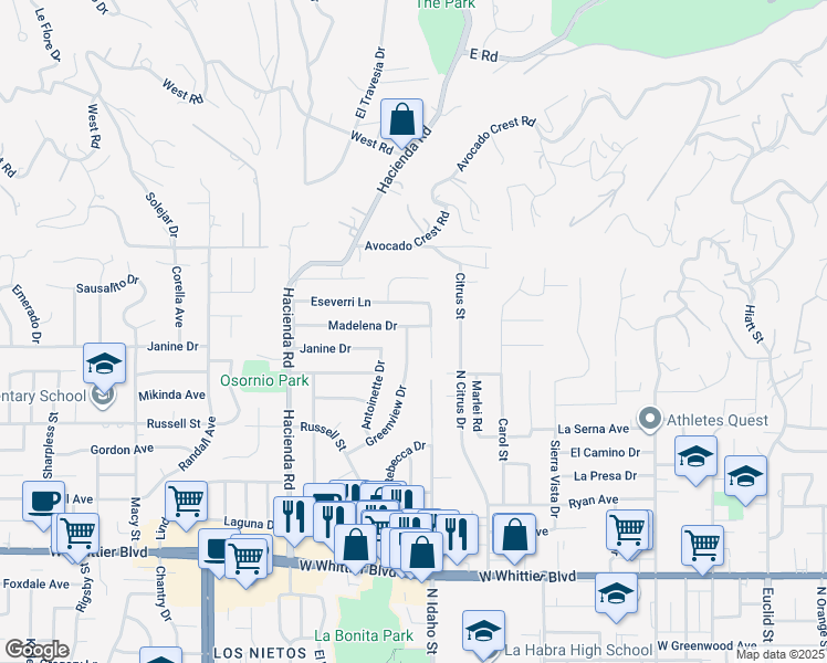 map of restaurants, bars, coffee shops, grocery stores, and more near 1230 Sunbird Avenue in La Habra Heights